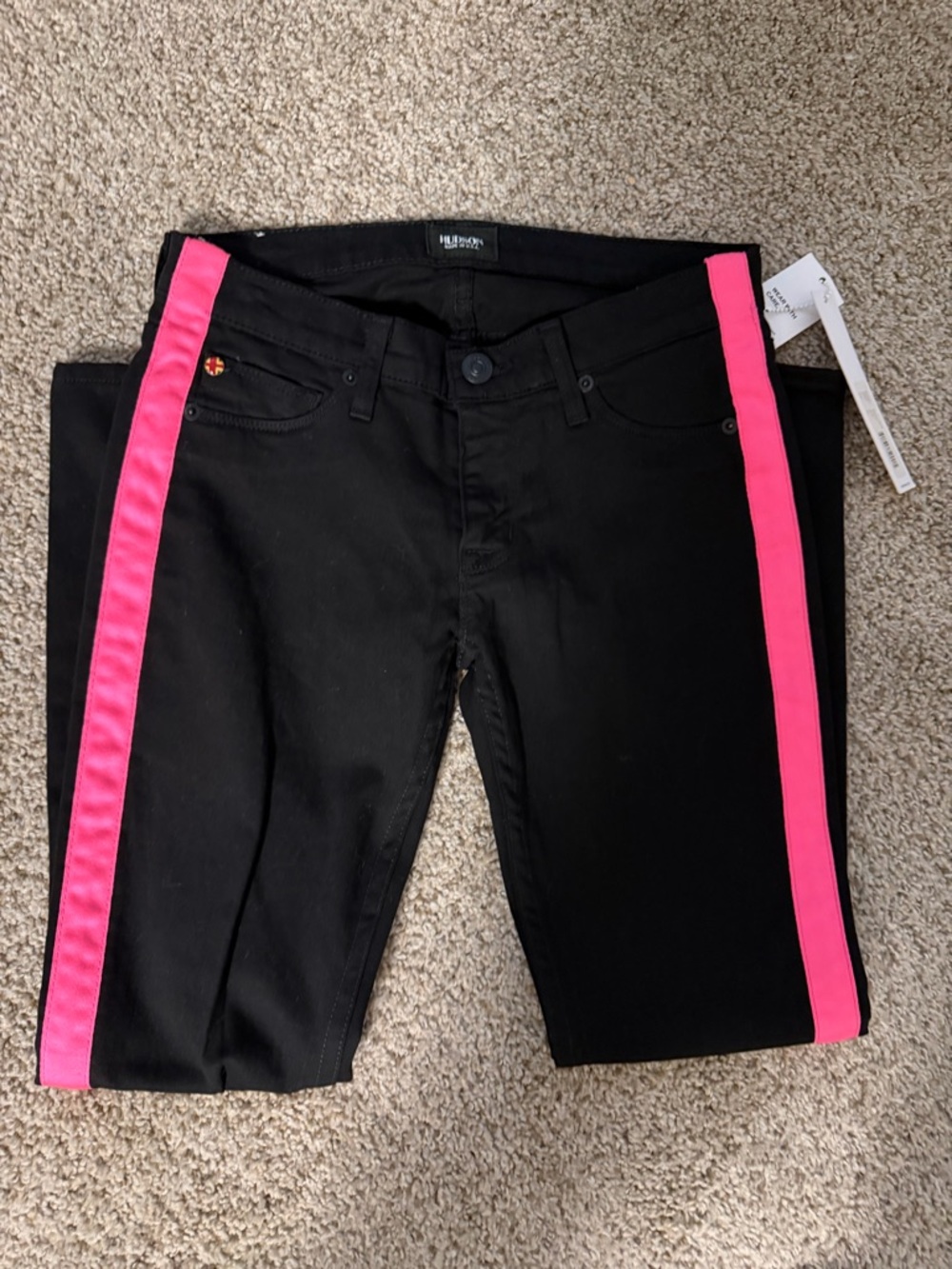 Hudson LouLou black skinny jeans featuring a neon pink tuxedo stripe